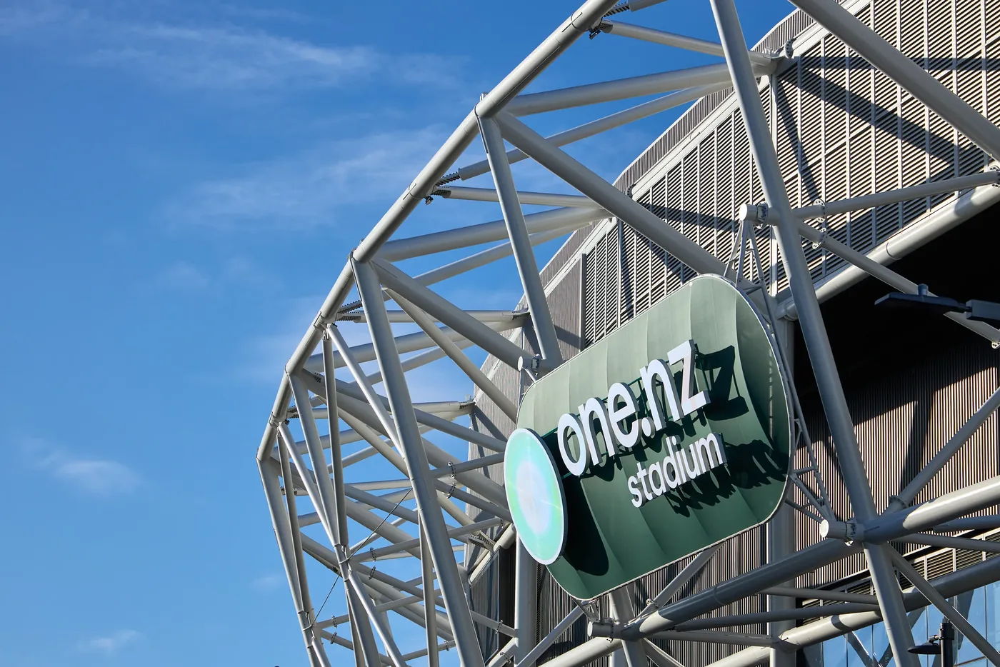 One NZ Stadium signage against a clear sky